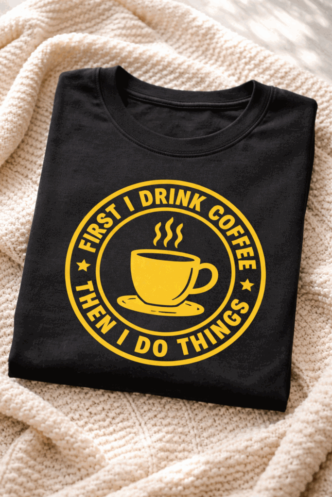 T-shirt for coffee lovers with the slogan First I Drink Coffee Then I Do Things