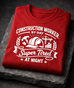T-shirt for construction workers with the slogan Construction Worker By Day Super Tired At Night
