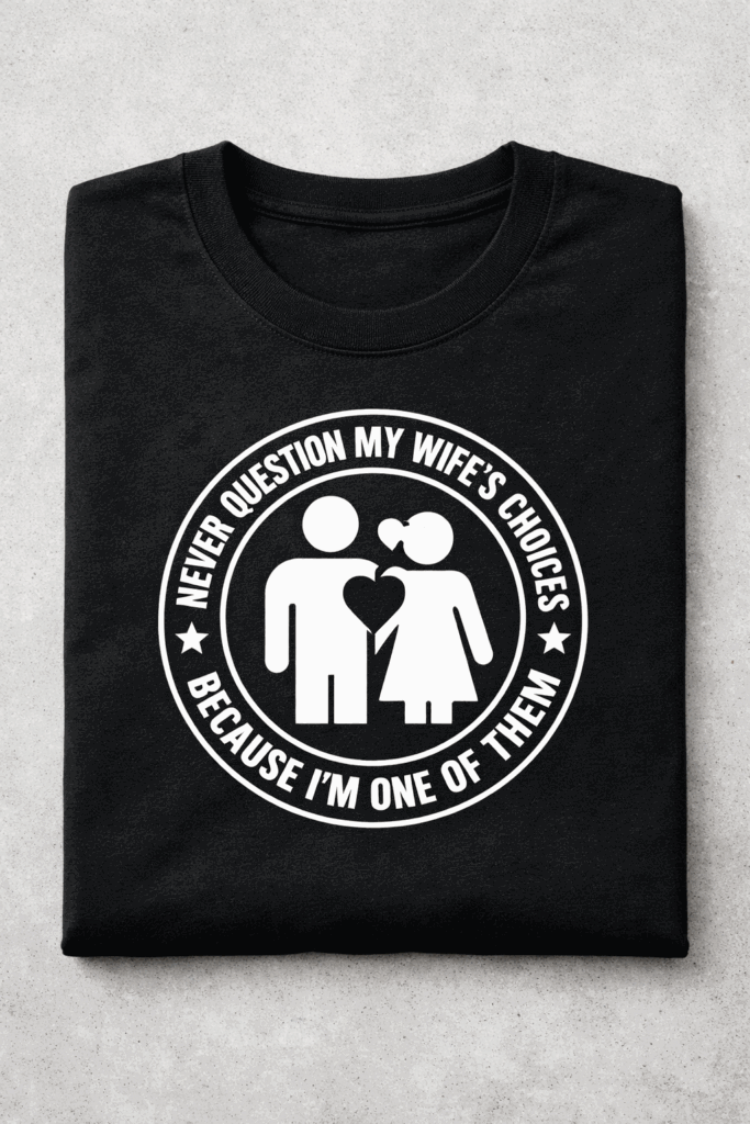 T-shirt for couples with the slogan I Never Question My Wife's Choices Because I'm One Of Them
