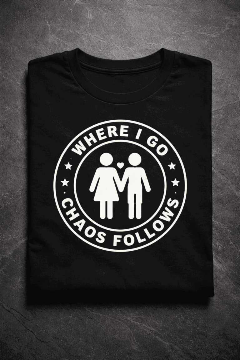 T-shirt for couples with the slogan Where I Go Chaos Follows