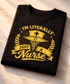 T-shirt for nurses with the slogan I'm Literally Just A Nurse