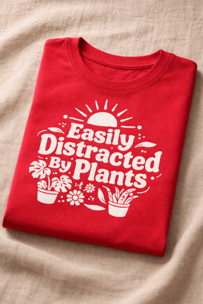 T-shirt for plant lovers with the slogan Easily Distracted By Plants