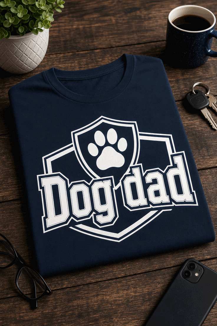 Dog Dad T-Shirt with dog paw shield badge in bold navy and white athletic letters