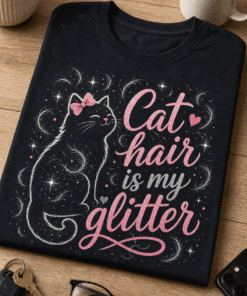 Funny cat lover T-shirt with cheerful cat silhouette and sparkles reading Cat hair is my glitter