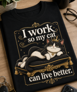 Funny cat lover T-shirt with slogan I work so my cat can live better and smug crowned cartoon cat on cushion