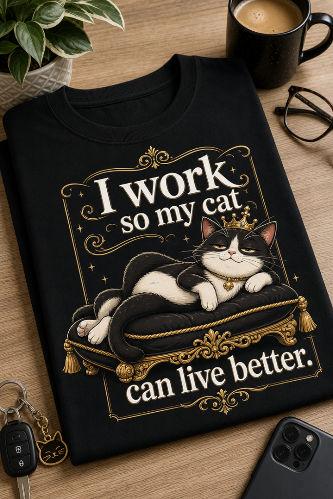 Funny cat lover T-shirt with slogan I work so my cat can live better and smug crowned cartoon cat on cushion
