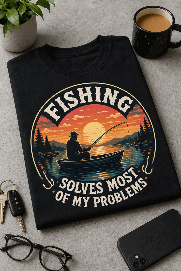 Funny Fishing T-Shirt with calm lake sunset badge and fisherman silhouette boat design