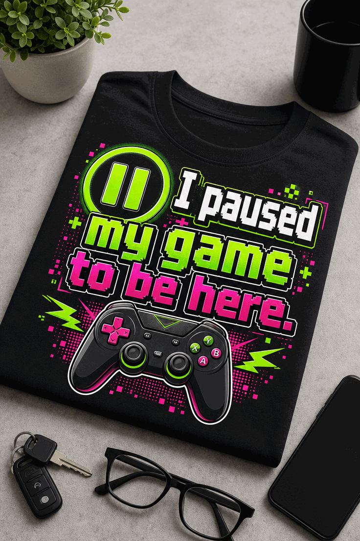 Funny gamer T-shirt with pause icon, controller illustration, and slogan I paused my game to be here.