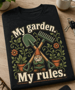 Funny gardening T-shirt with My garden. My rules. slogan, crossed shovel and rake, leafy vines in green and terracotta