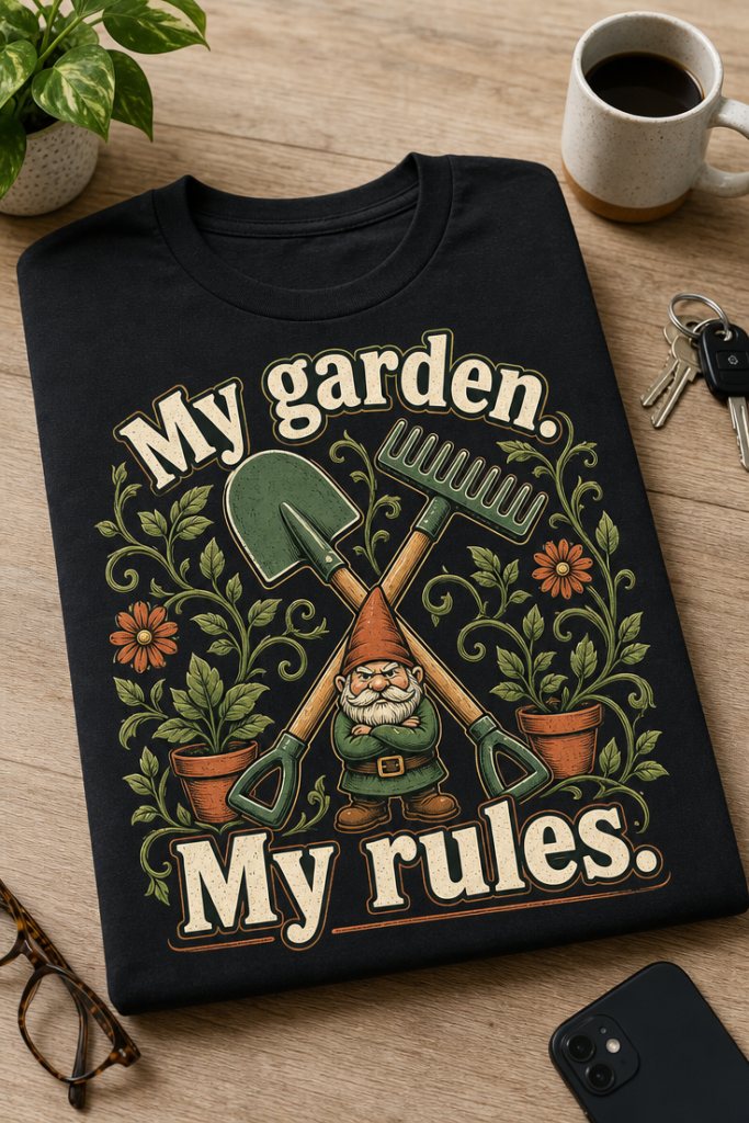 Funny gardening T-shirt with My garden. My rules. slogan, crossed shovel and rake, leafy vines in green and terracotta