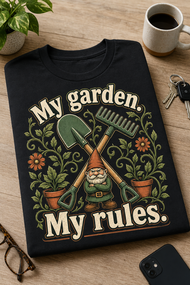 Funny gardening T-shirt with My garden. My rules. slogan, crossed shovel and rake, leafy vines in green and terracotta