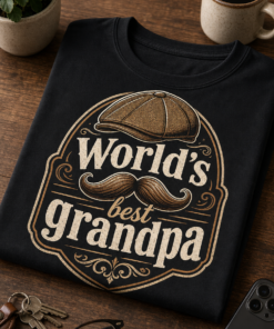 Funny grandpa T-shirt with World's best grandpa vintage badge design, mustache and flat cap