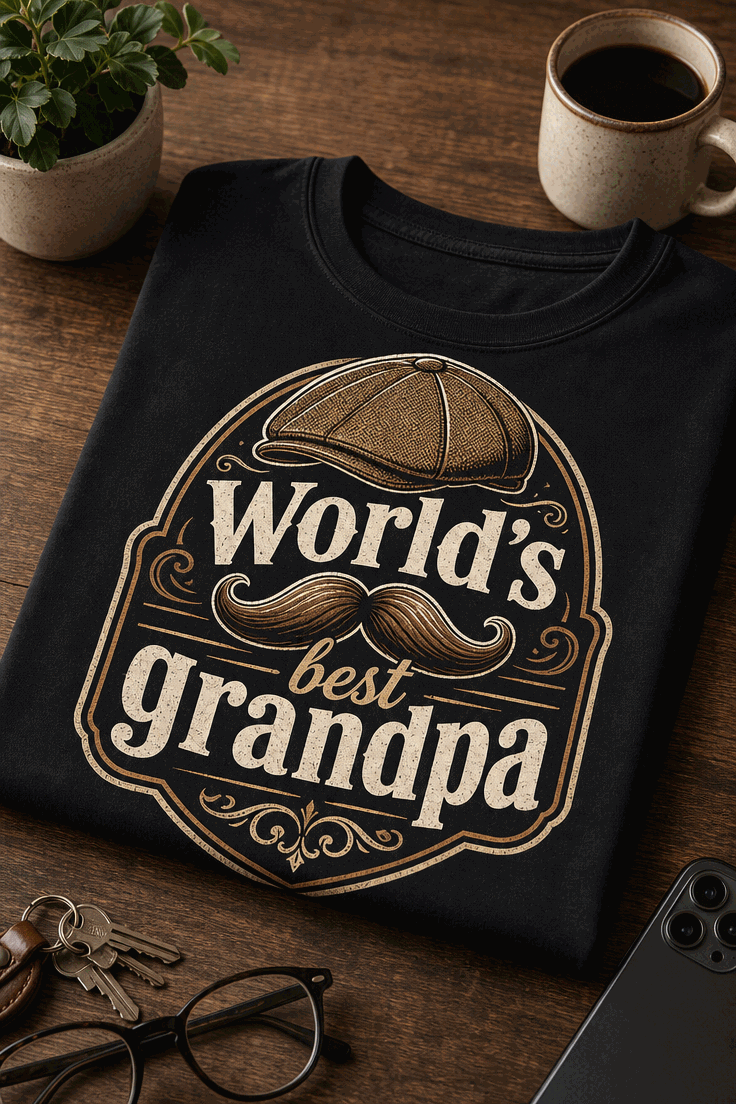 Funny grandpa T-shirt with World's best grandpa vintage badge design, mustache and flat cap