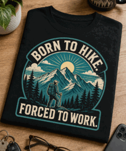Funny hiking T-shirt with mountain ridge, sun, pine trees and slogan Born to hike. Forced to work.