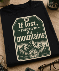 Funny hiking T-Shirt with If lost, return to the mountains adventure tag mountain compass design
