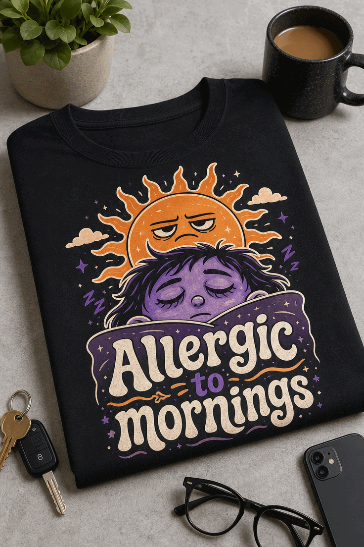 Funny morning person t-shirt with grumpy sun and sleepy face, slogan Allergic to mornings