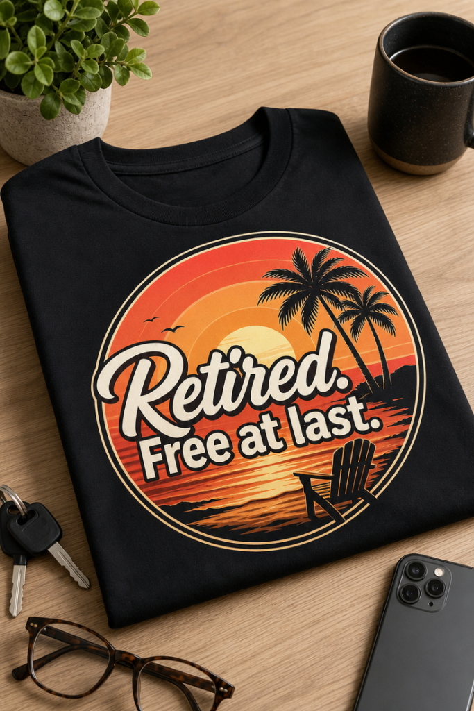 Funny retirement T-shirt with 'Retired. Free at last.' sunset palm tree circle badge design