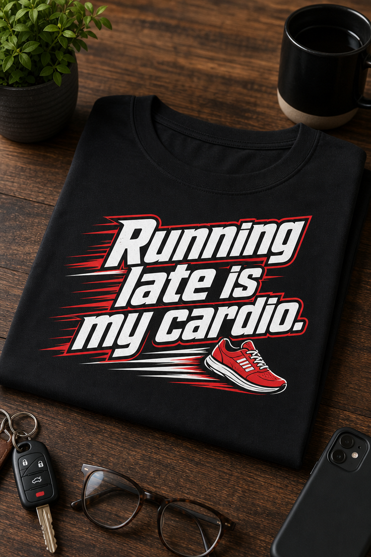 Funny running T-shirt with slogan Running late is my cardio in italic motion typography with sneaker icon