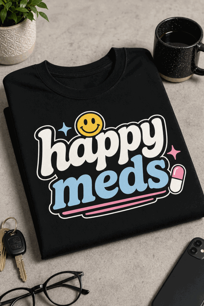 Funny sarcastic T-Shirt with happy meds slogan