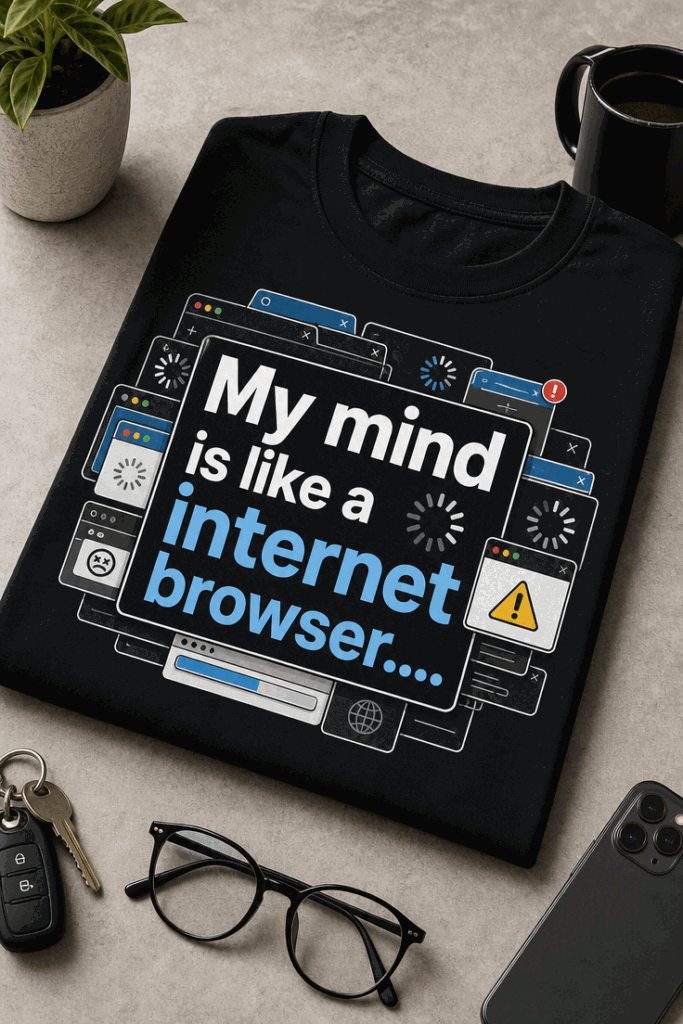 Funny sarcastic T-shirt with the slogan My mind is like a internet browser....