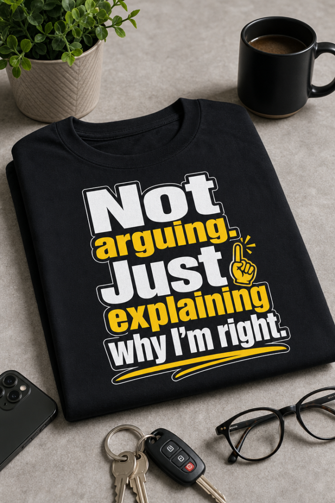 Funny sarcastic T-shirt with slogan Not arguing. Just explaining why I'm right in bold stacked text