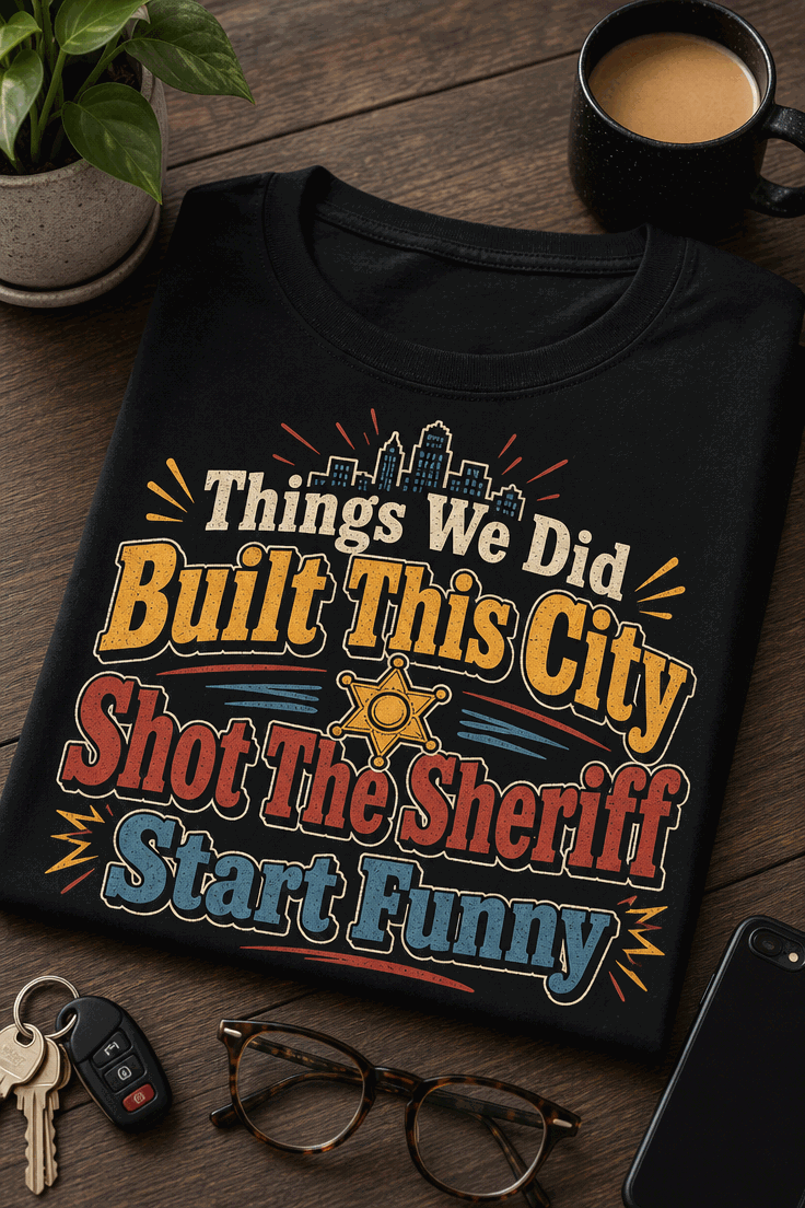 Funny sarcastic T-shirt with slogan Things We Did Built This City Shot The Sheriff Start Funny
