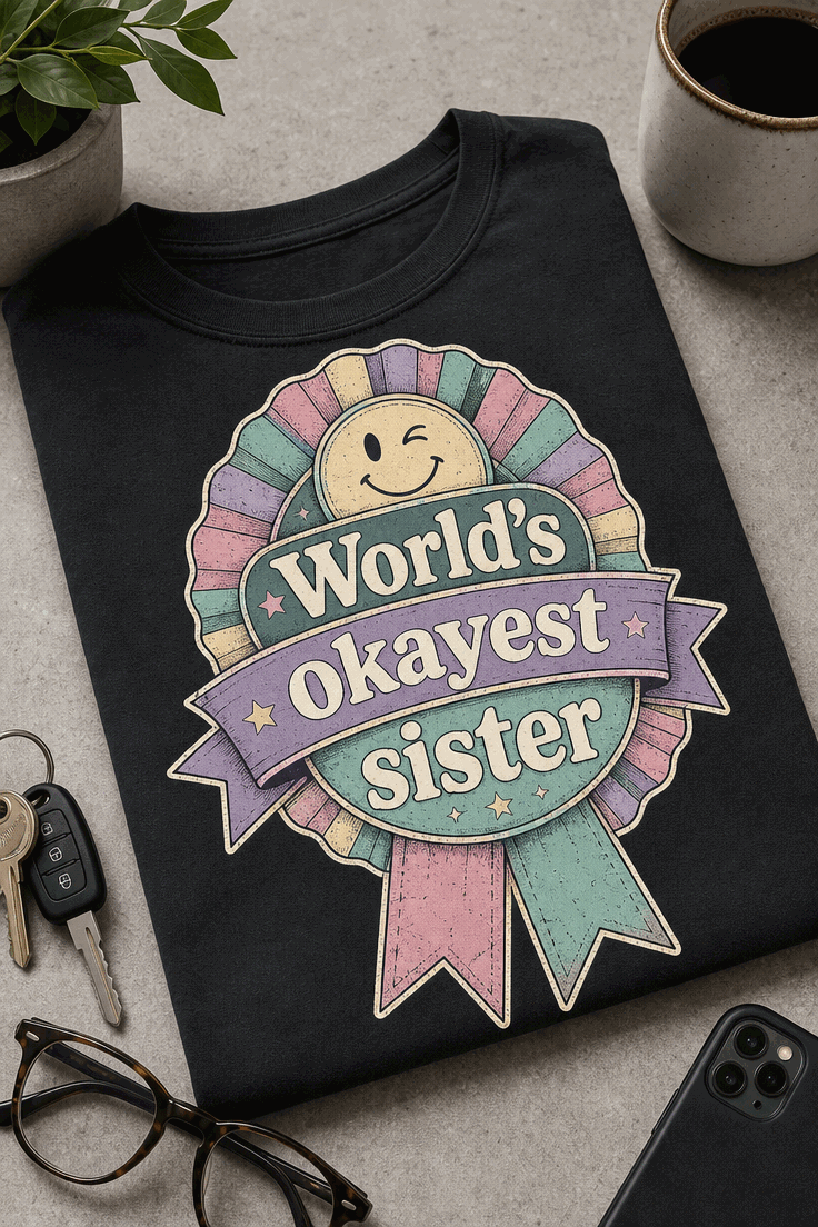 Funny sister T-shirt with World's okayest sister award-ribbon design