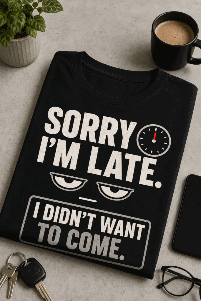 Sarcastic funny T-shirt design reading Sorry I'm late. I didn't want to come. with minimalist deadpan typography