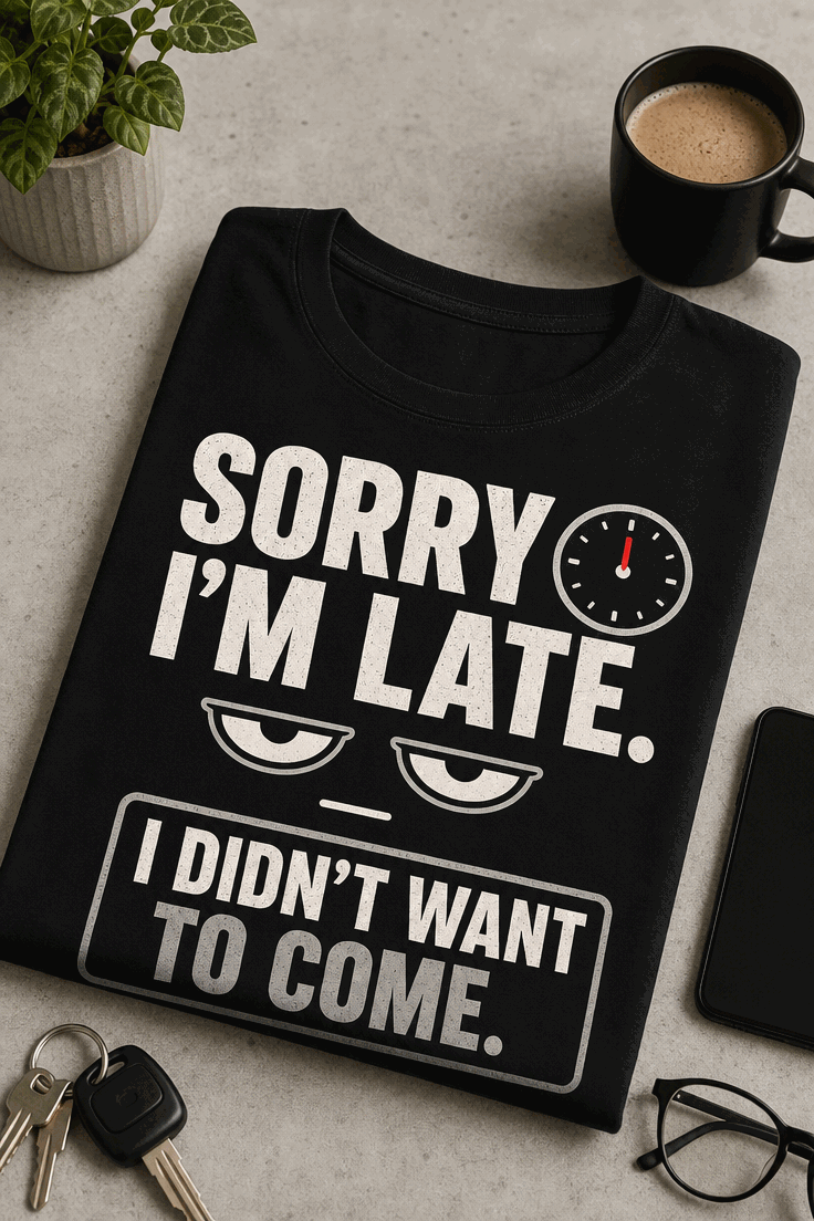 Sarcastic funny T-shirt design reading Sorry I'm late. I didn't want to come. with minimalist deadpan typography