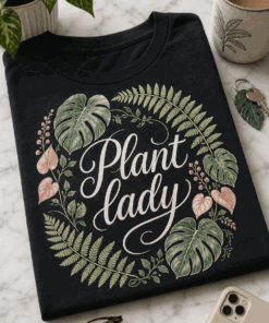 Plant Lover T-Shirt with Plant lady slogan framed by monstera and fern leaves